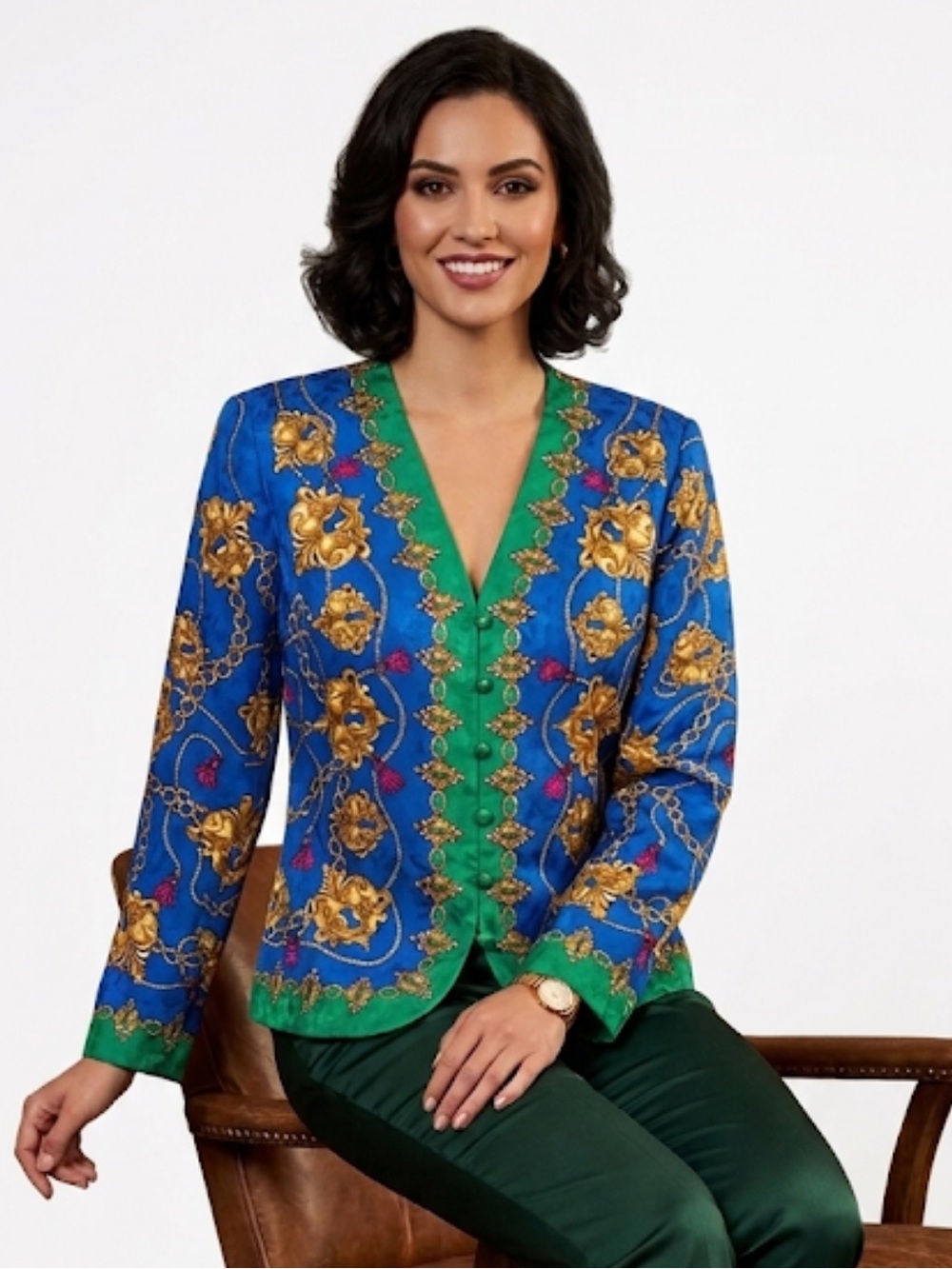 Vintage Adrianna Papell Silk Baroque Chain Print Blazer Jacket Royal Blue 8